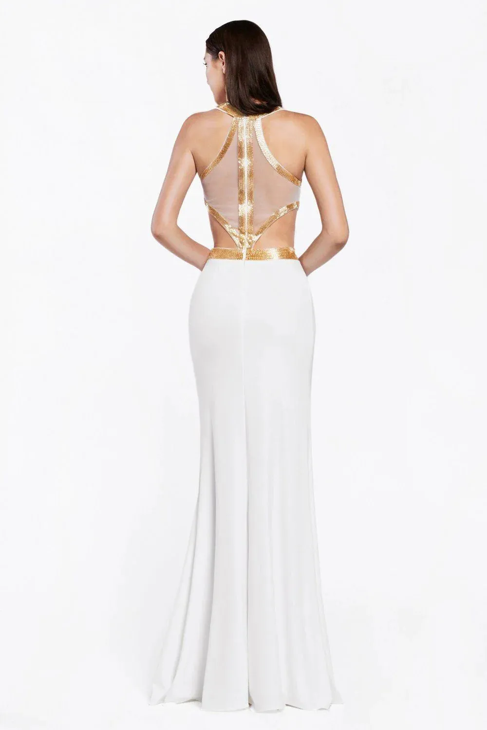 Ladivine J735 Size 4 White Liquid Beaded High Neck Jersey Formal Dress Cut Out Sides Evening Gown