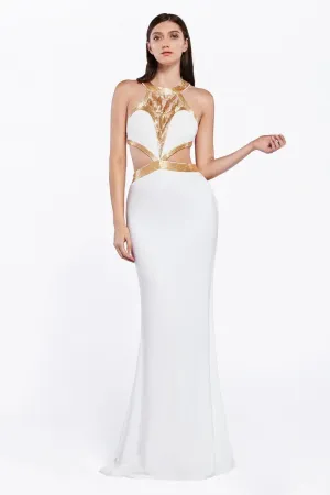 Ladivine J735 Size 4 White Liquid Beaded High Neck Jersey Formal Dress Cut Out Sides Evening Gown