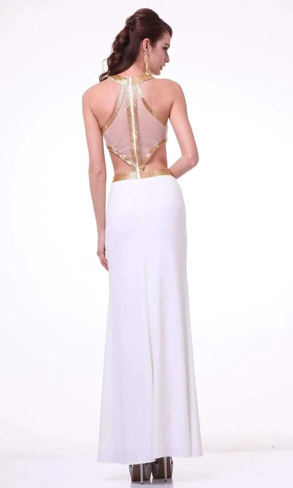 Ladivine J735 Size 4 White Liquid Beaded High Neck Jersey Formal Dress Cut Out Sides Evening Gown