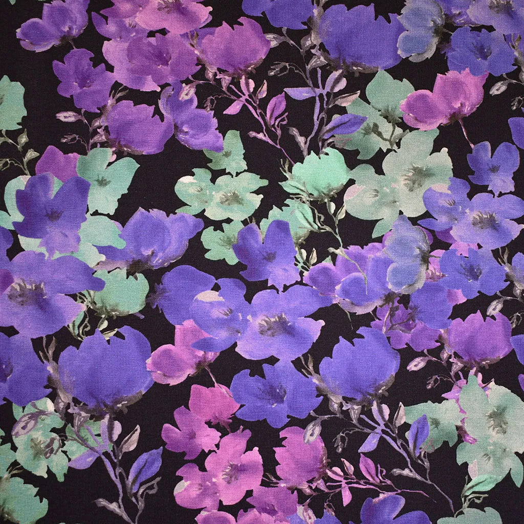 Layered Dramatic Floral Jersey Knit Black/Purple