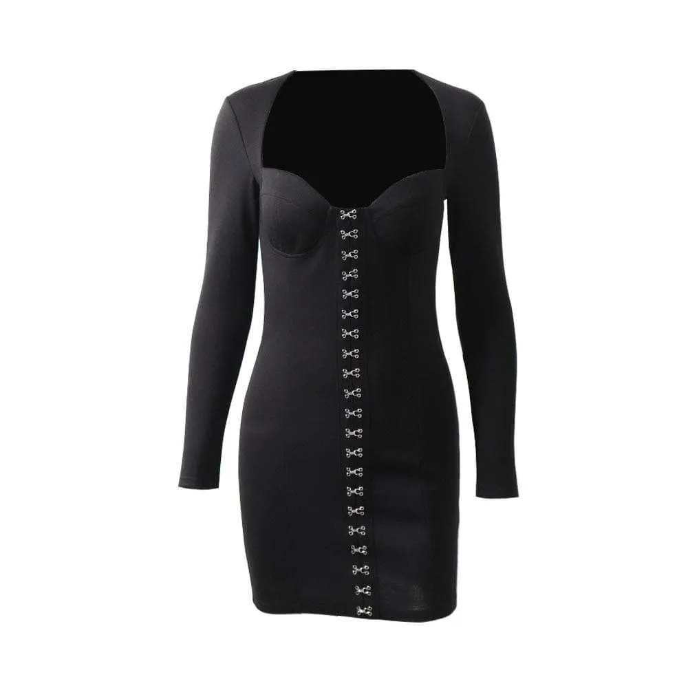 long-sleeved V-neck breast-wrapped metal button hip dress
