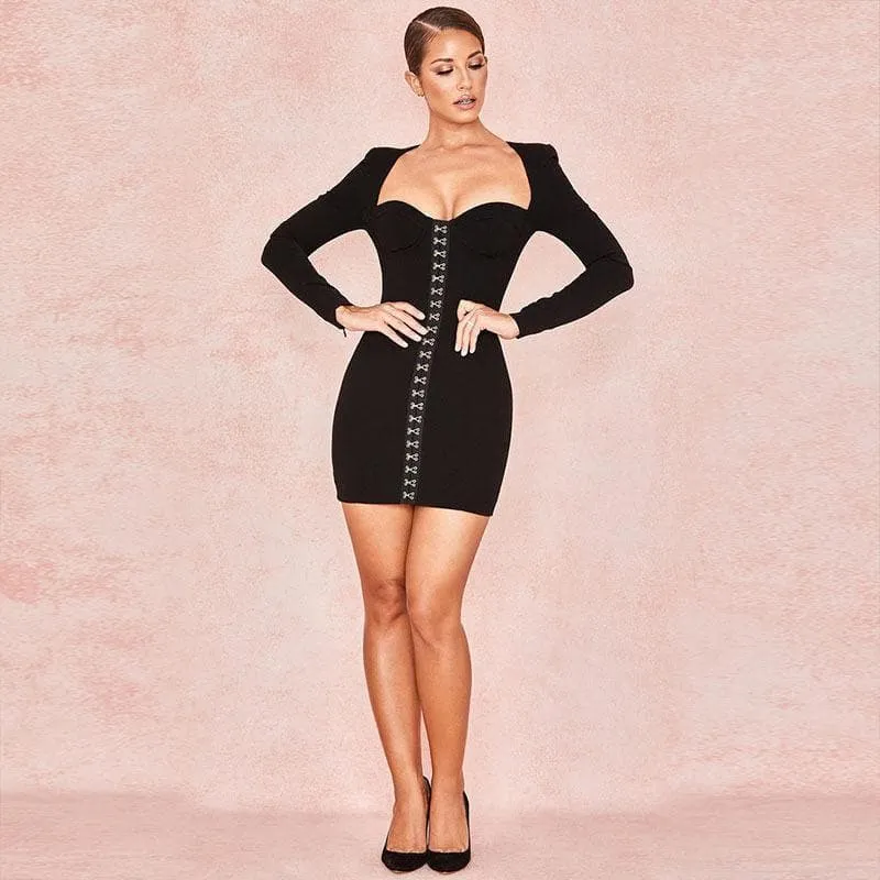 long-sleeved V-neck breast-wrapped metal button hip dress