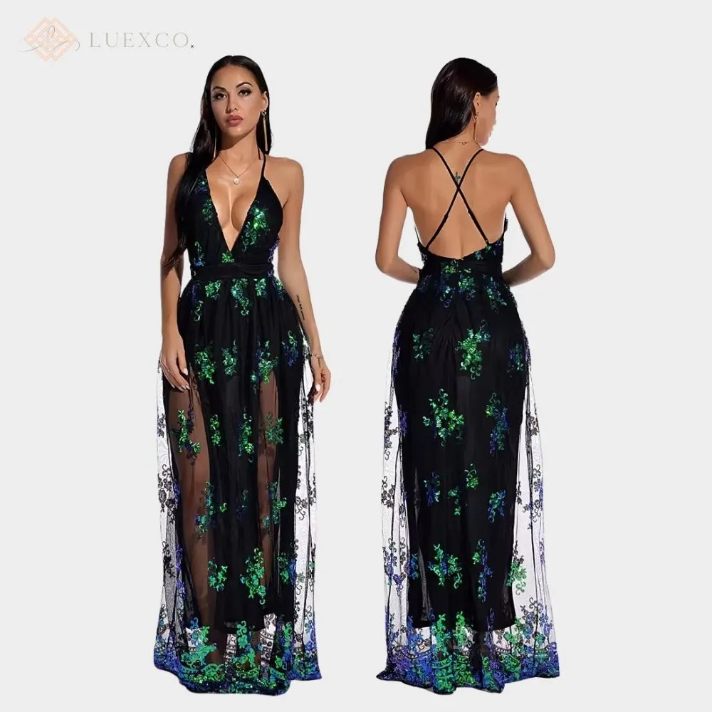 Luexco Sexy V-Neck Sequin Embroidered Sling Dress Halter Gown