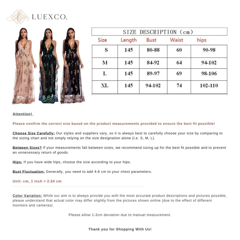 Luexco Sexy V-Neck Sequin Embroidered Sling Dress Halter Gown