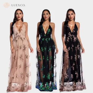 Luexco Sexy V-Neck Sequin Embroidered Sling Dress Halter Gown