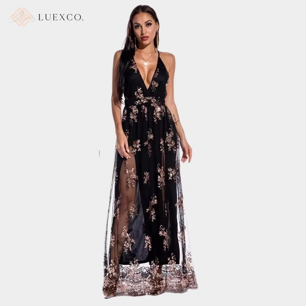 Luexco Sexy V-Neck Sequin Embroidered Sling Dress Halter Gown
