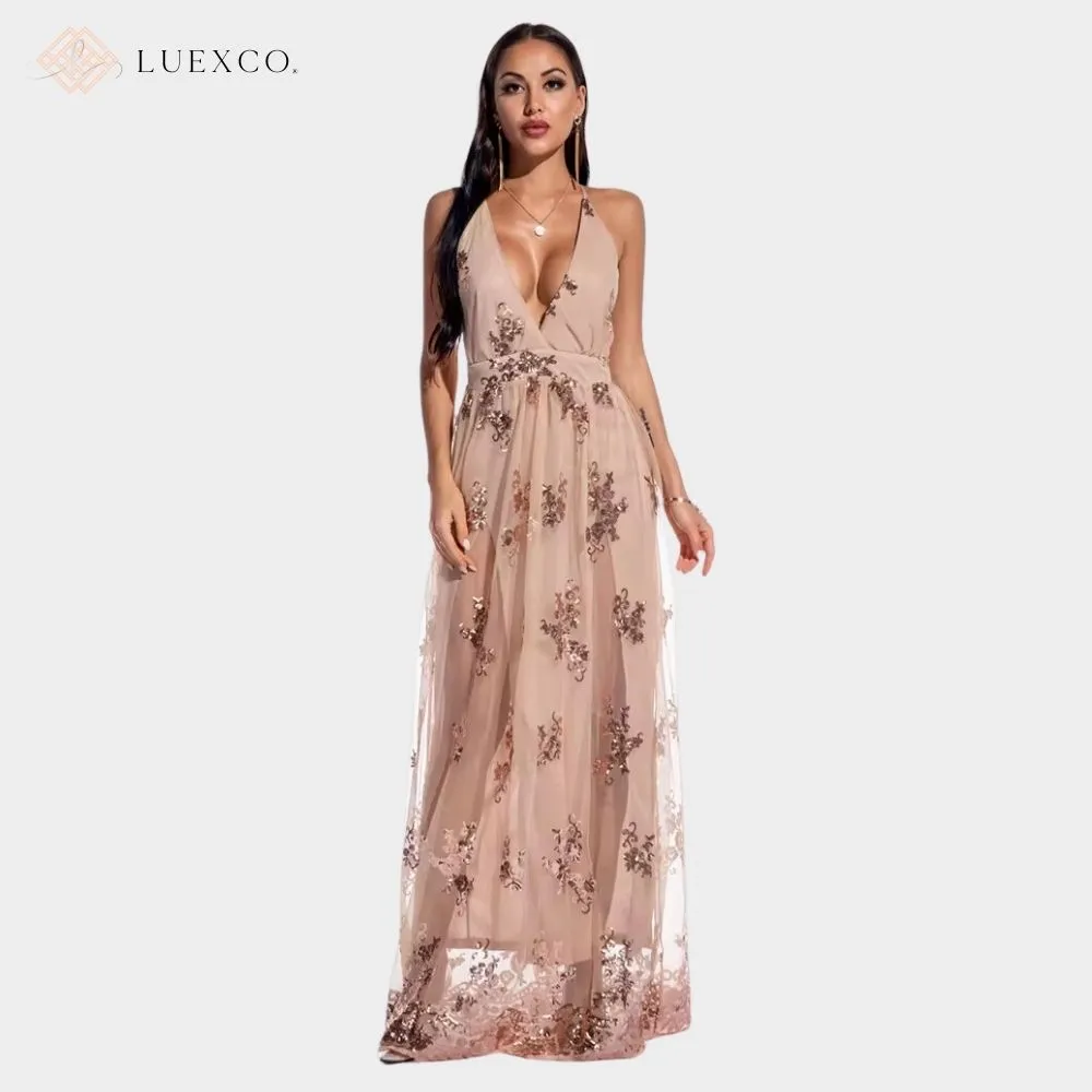 Luexco Sexy V-Neck Sequin Embroidered Sling Dress Halter Gown