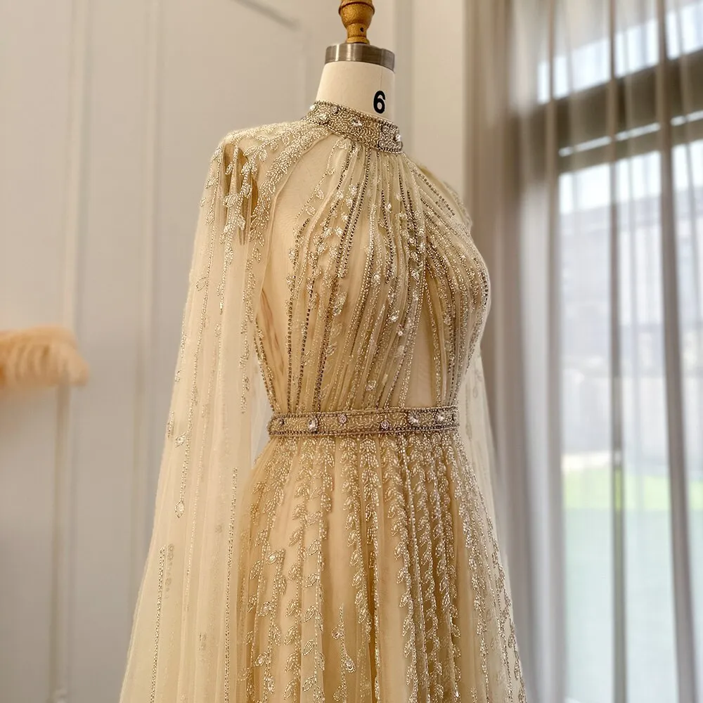 Luxury Beaded Evening Dress with Cape Sleeve SS495