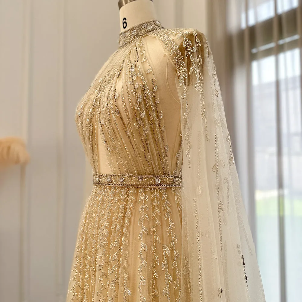 Luxury Beaded Evening Dress with Cape Sleeve SS495