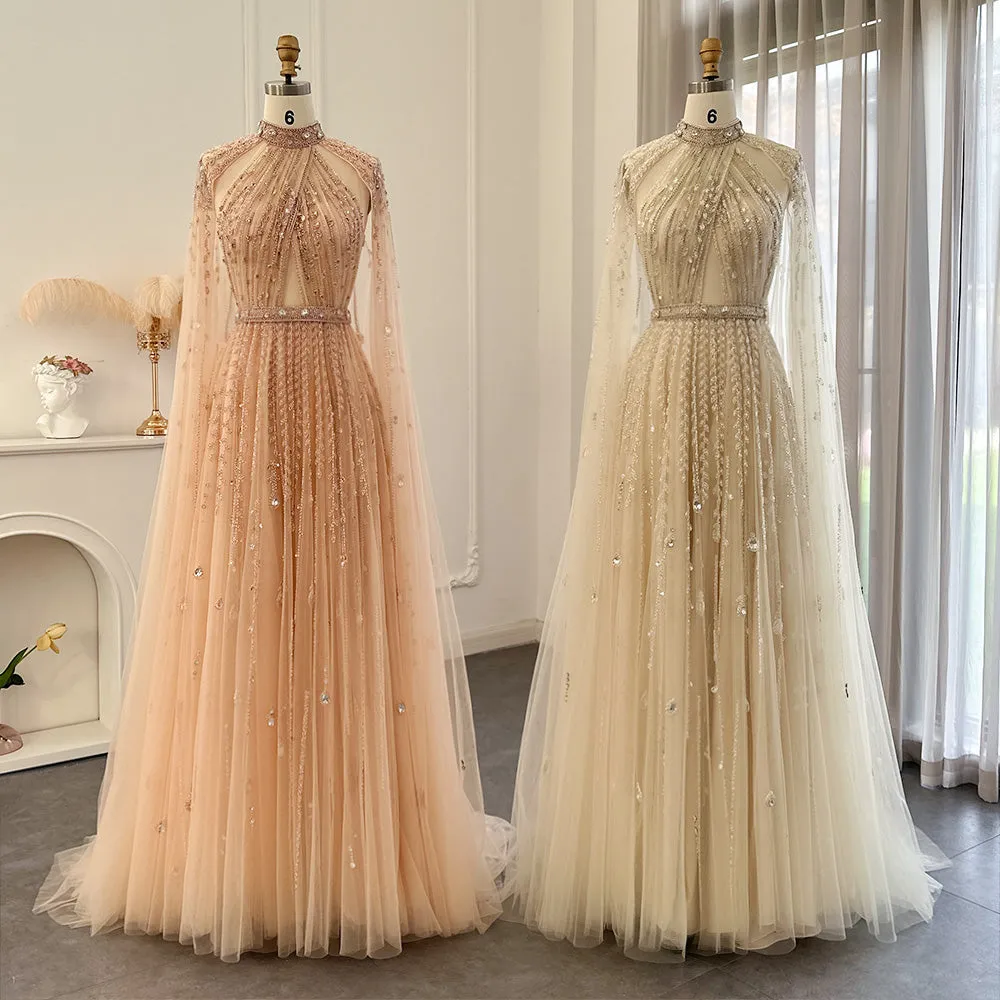 Luxury Beaded Evening Dress with Cape Sleeve SS495