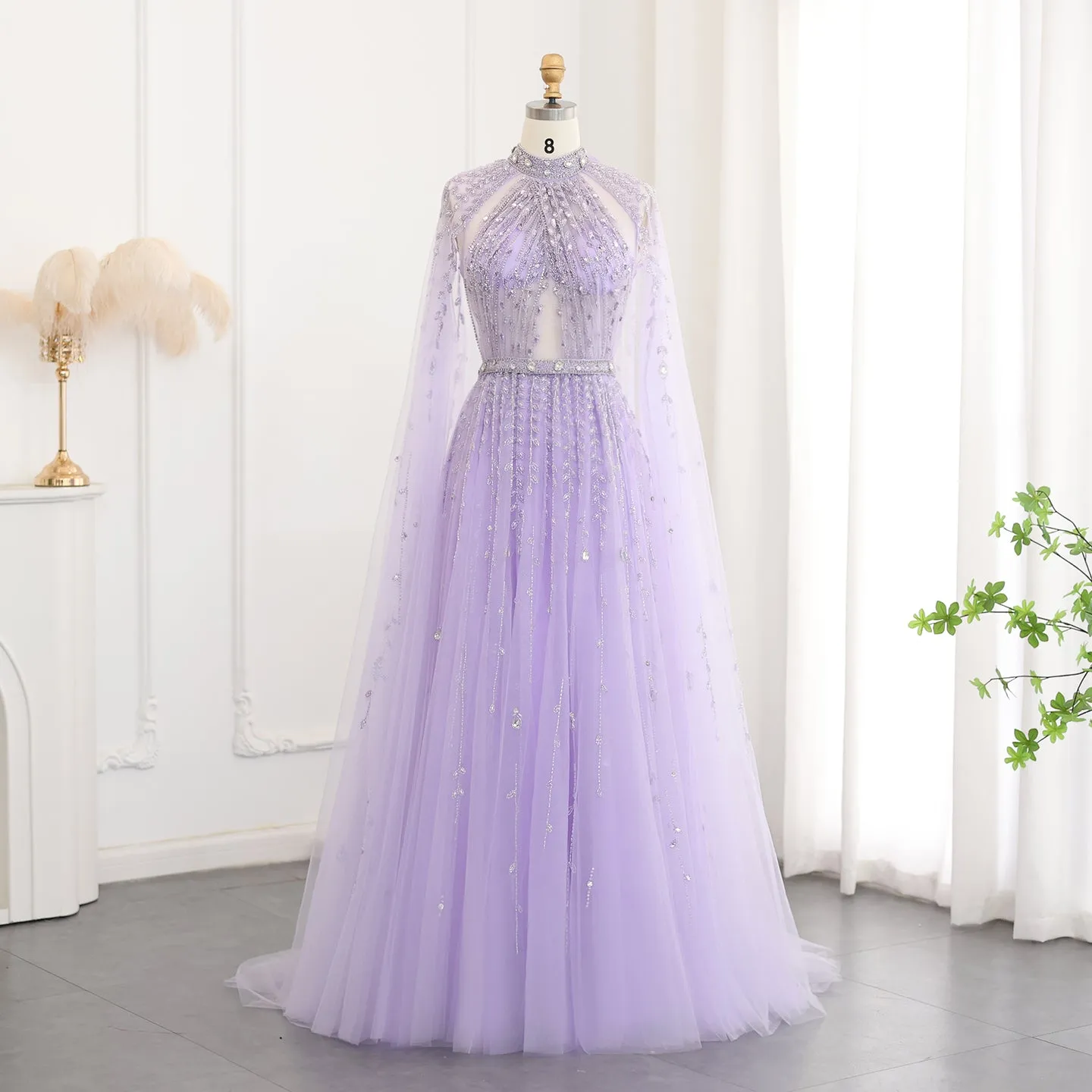 Luxury Beaded Evening Dress with Cape Sleeve SS495