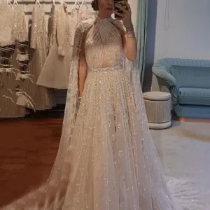 Luxury Beaded Evening Dress with Cape Sleeve SS495