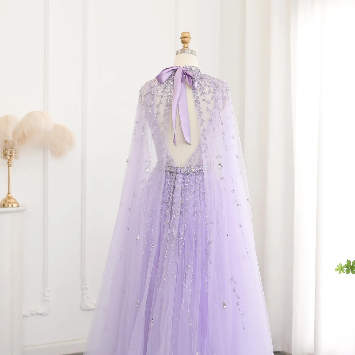 Luxury Beaded Evening Dress with Cape Sleeve SS495