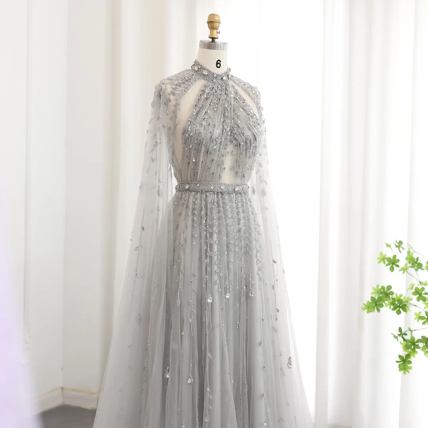 Luxury Beaded Evening Dress with Cape Sleeve SS495