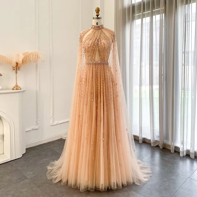Luxury Beaded Evening Dress with Cape Sleeve SS495