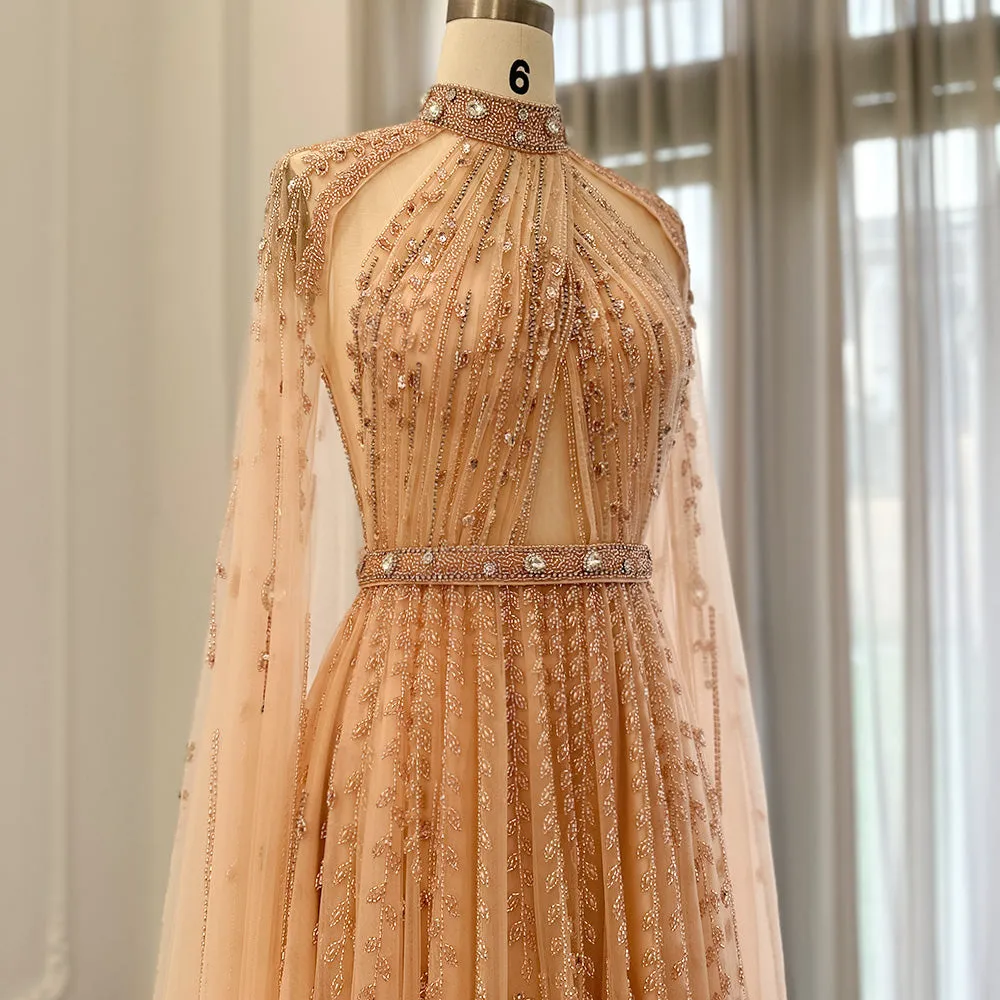 Luxury Beaded Evening Dress with Cape Sleeve SS495
