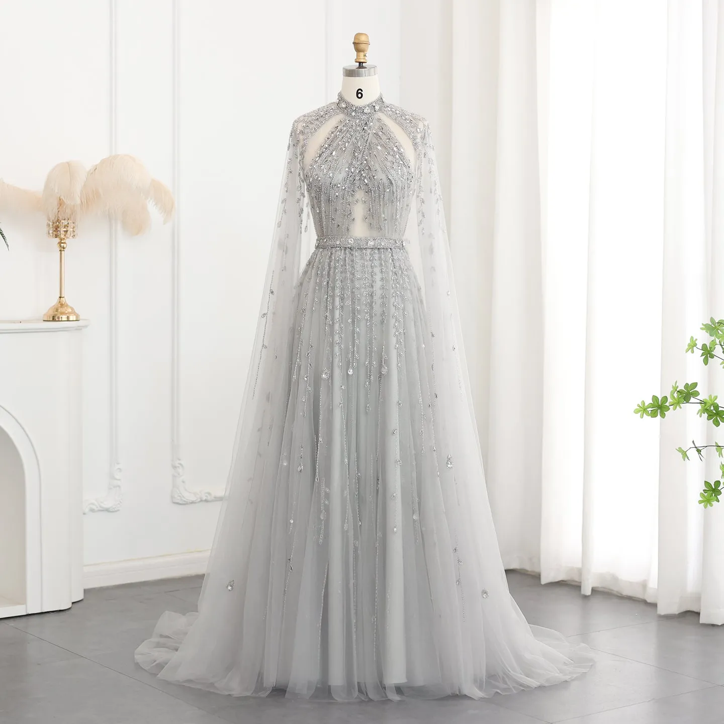 Luxury Beaded Evening Dress with Cape Sleeve SS495