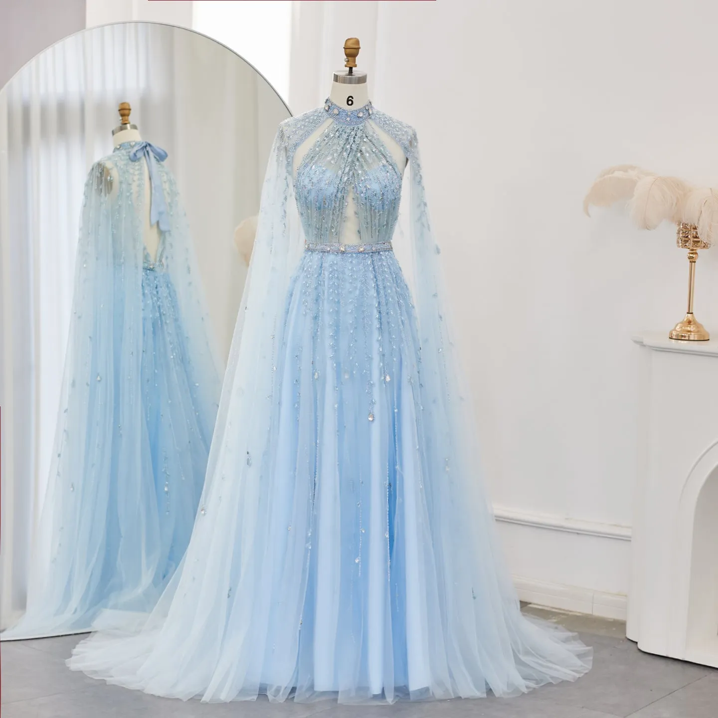 Luxury Beaded Evening Dress with Cape Sleeve SS495