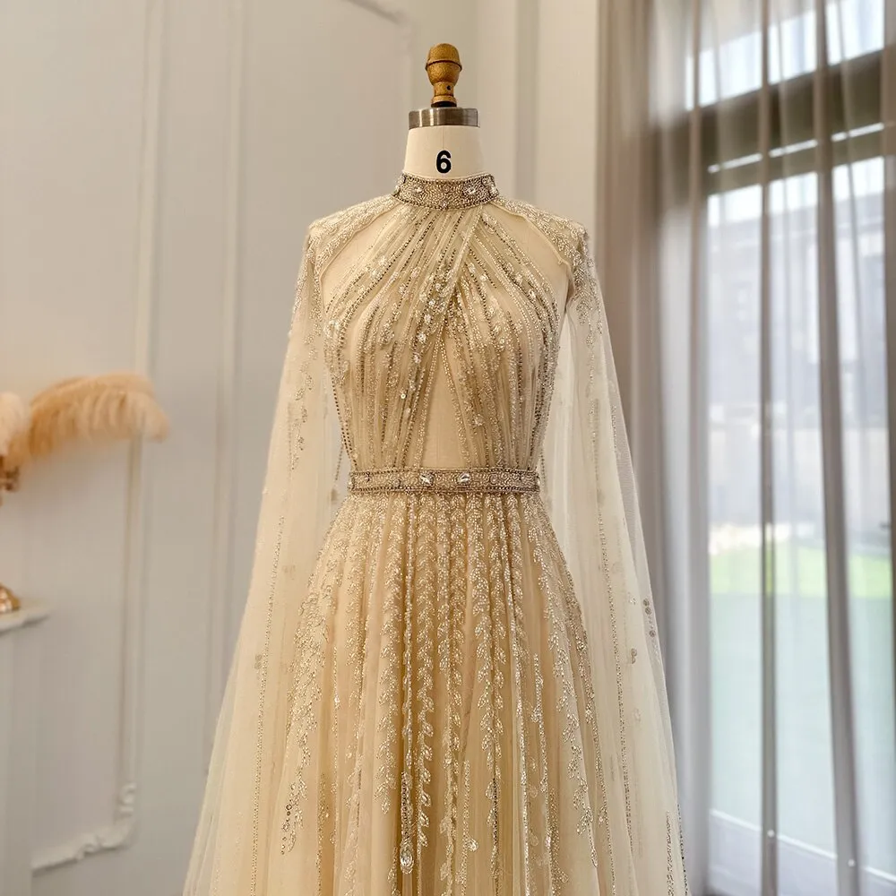 Luxury Beaded Evening Dress with Cape Sleeve SS495