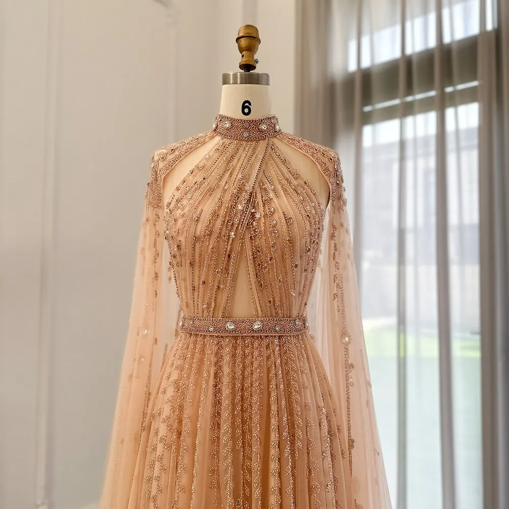 Luxury Beaded Evening Dress with Cape Sleeve SS495
