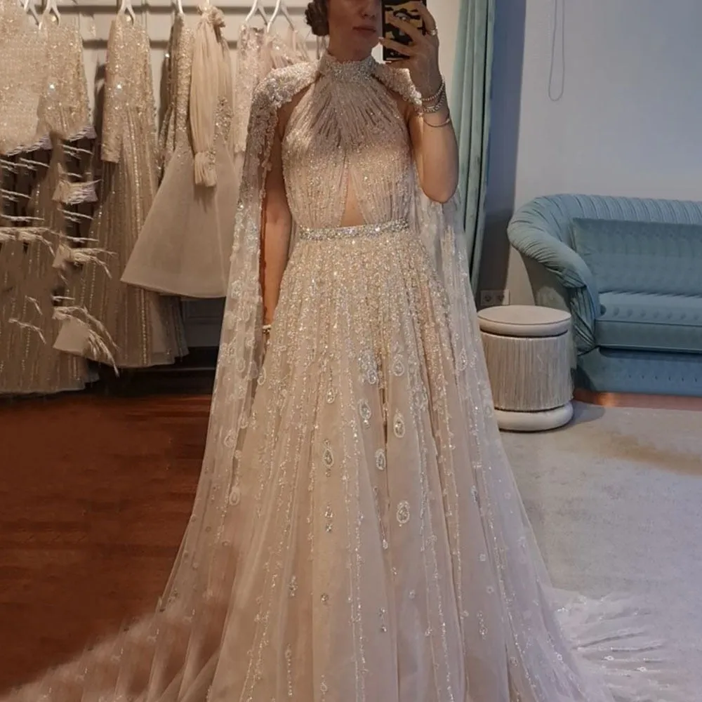 Luxury Beaded Evening Dress with Cape Sleeve SS495