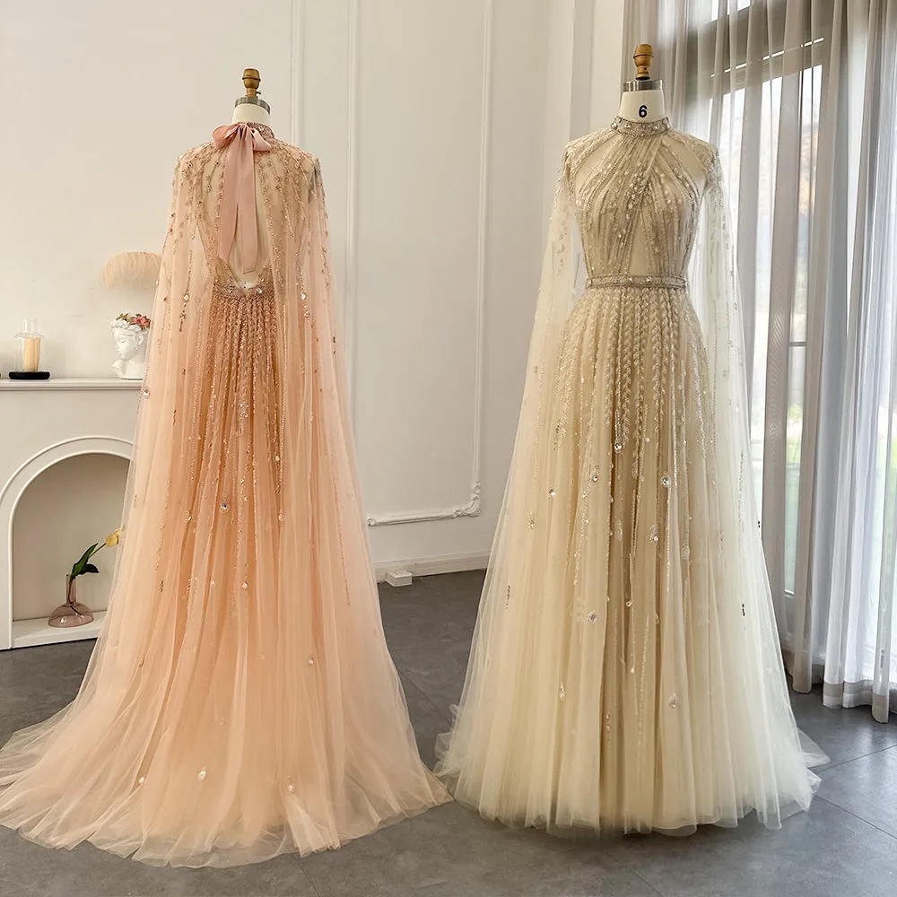 Luxury Beaded Evening Dress with Cape Sleeve SS495