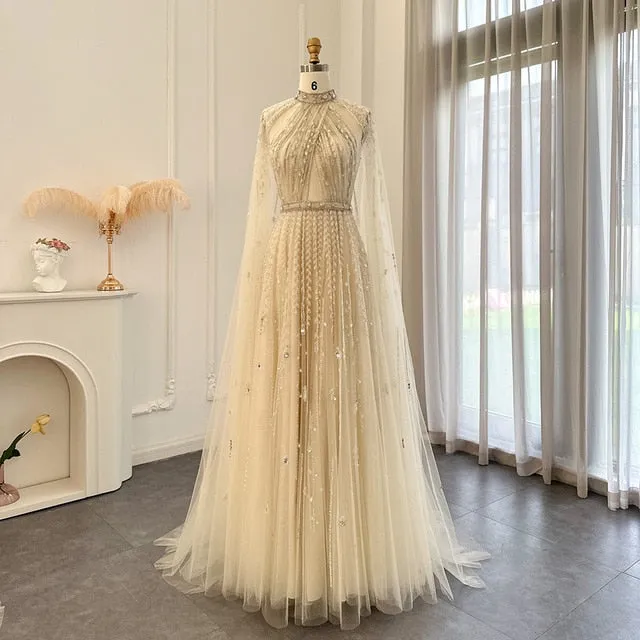 Luxury Beaded Evening Dress with Cape Sleeve SS495