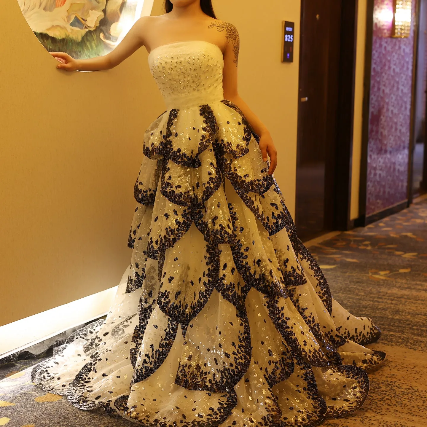 Luxury Black and White Ruffles Strapless Evening Dress SS290