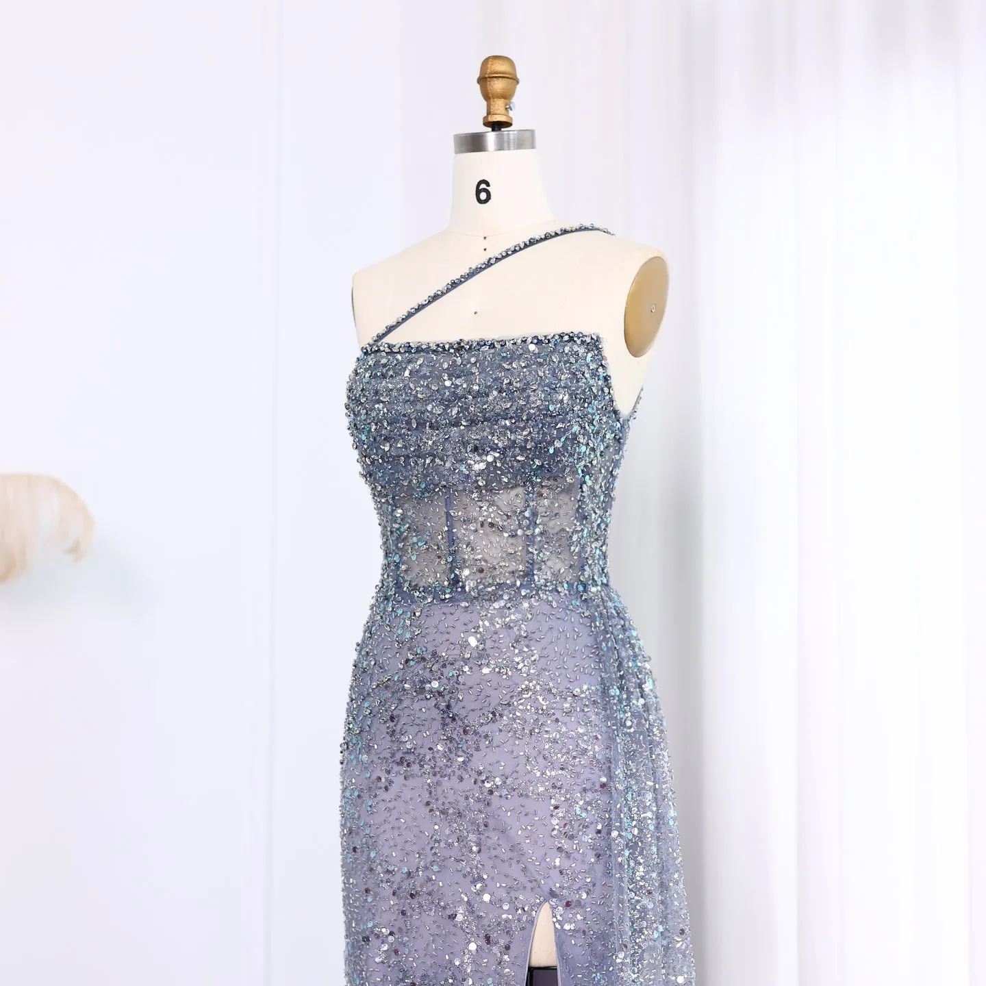 Luxury Blue One Shoulder Evening Dress with Overskirt SS140