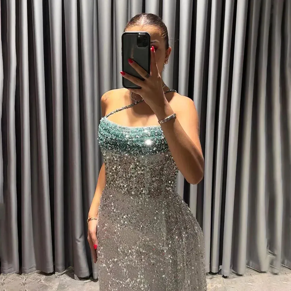 Luxury Blue One Shoulder Evening Dress with Overskirt SS140