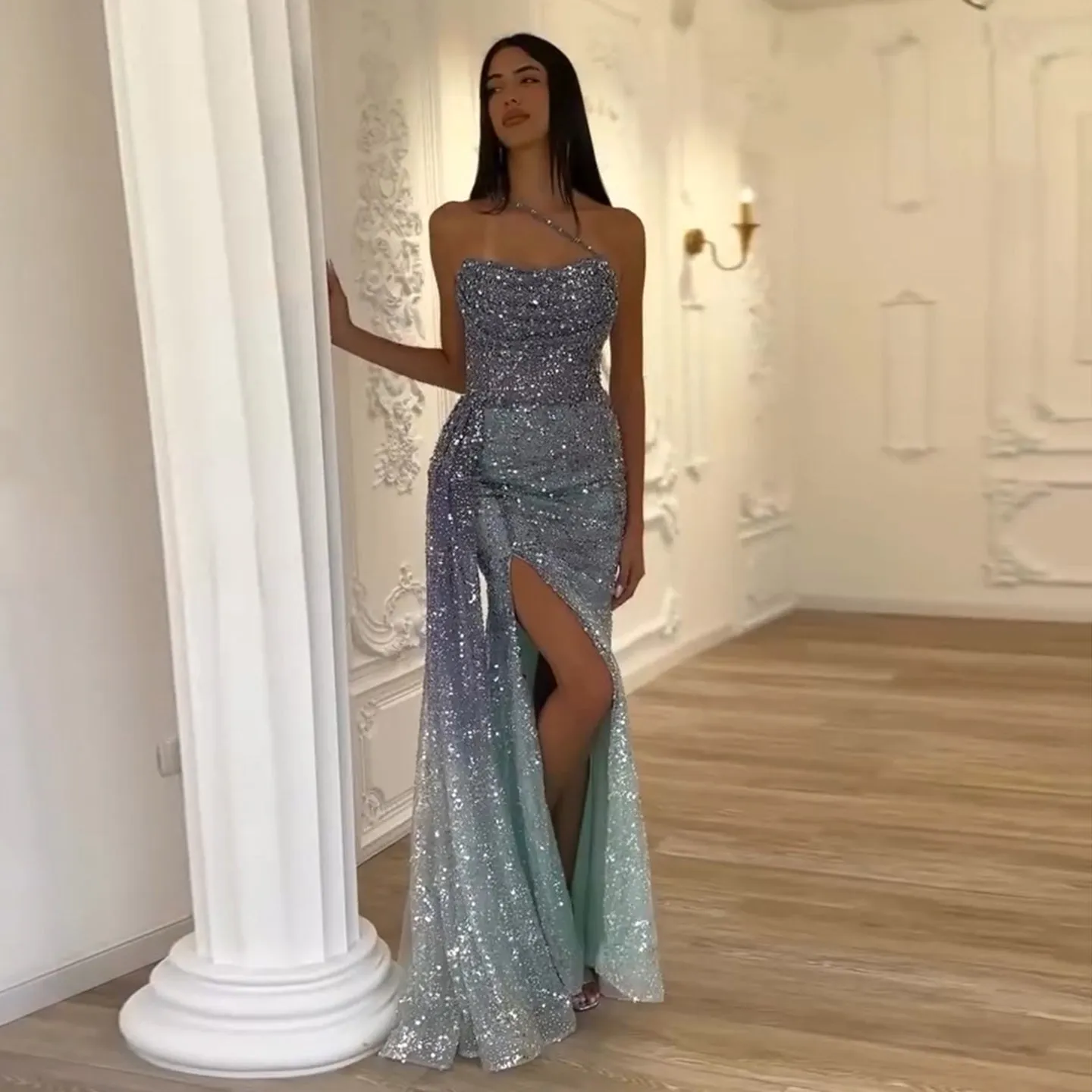Luxury Blue One Shoulder Evening Dress with Overskirt SS140
