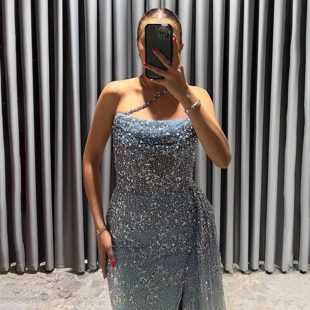 Luxury Blue One Shoulder Evening Dress with Overskirt SS140