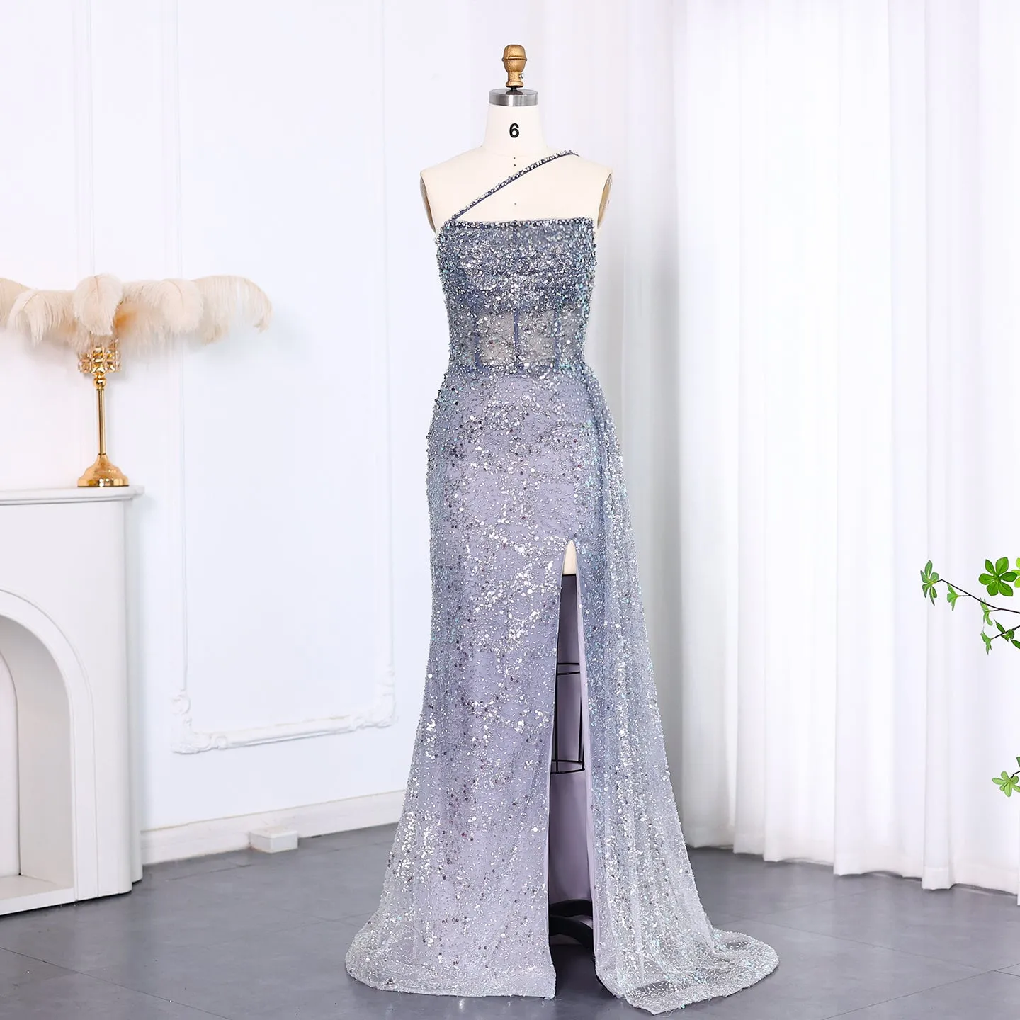 Luxury Blue One Shoulder Evening Dress with Overskirt SS140