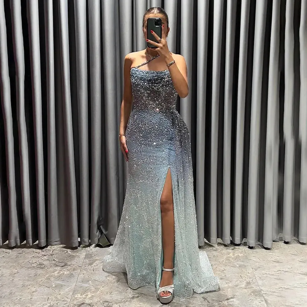 Luxury Blue One Shoulder Evening Dress with Overskirt SS140