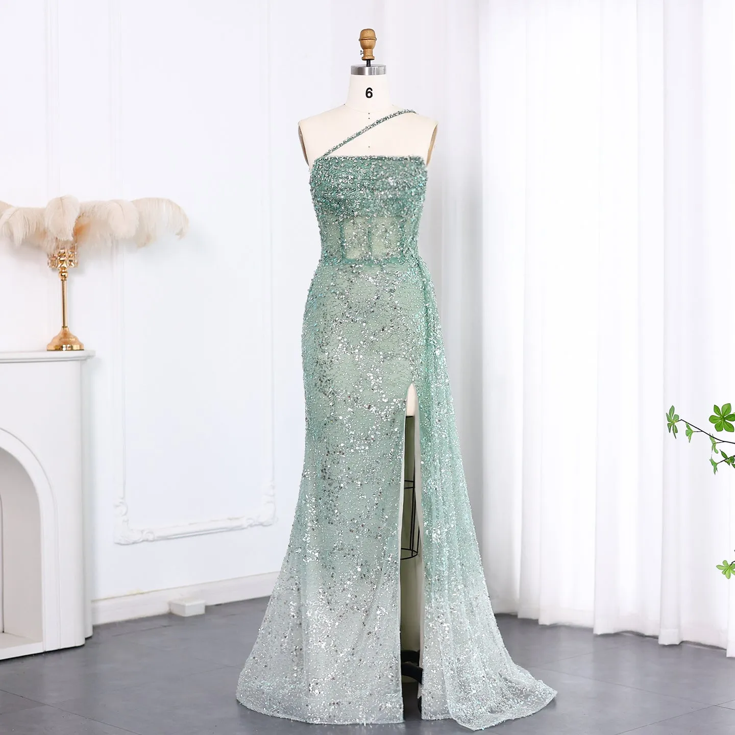 Luxury Blue One Shoulder Evening Dress with Overskirt SS140