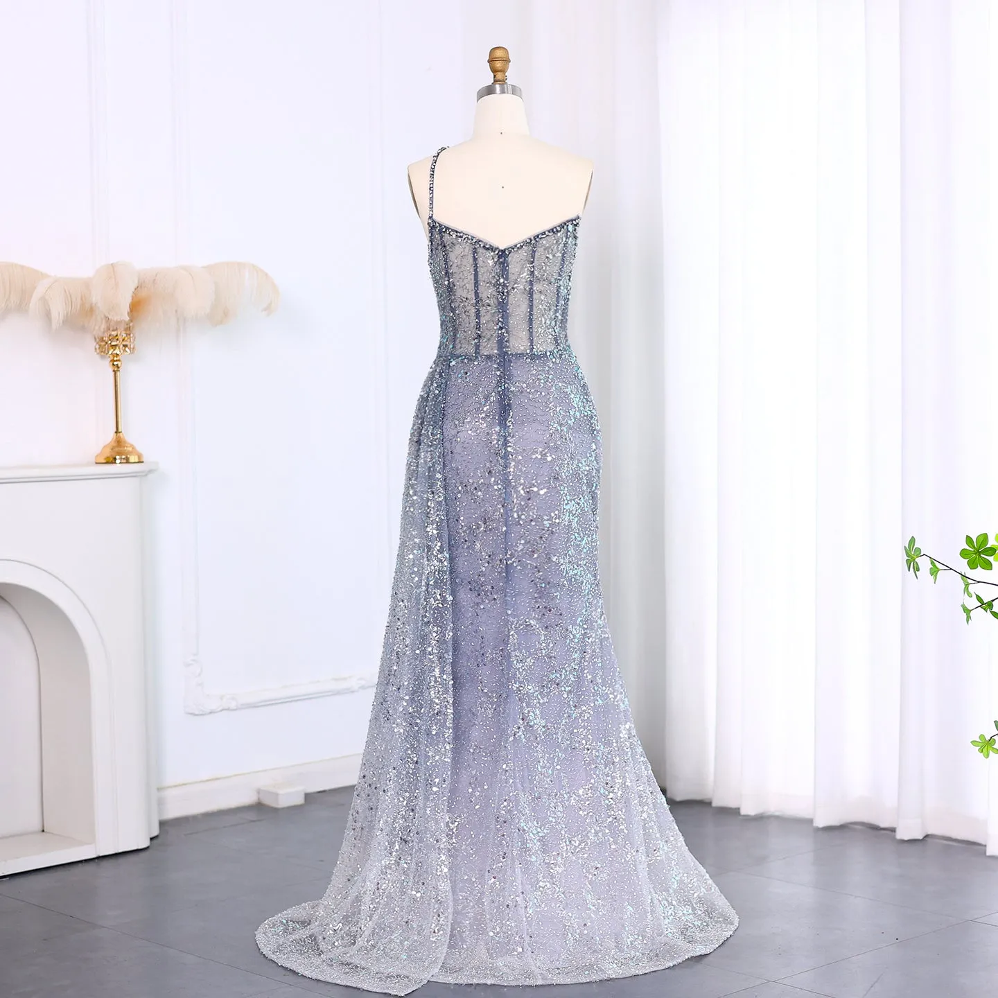 Luxury Blue One Shoulder Evening Dress with Overskirt SS140