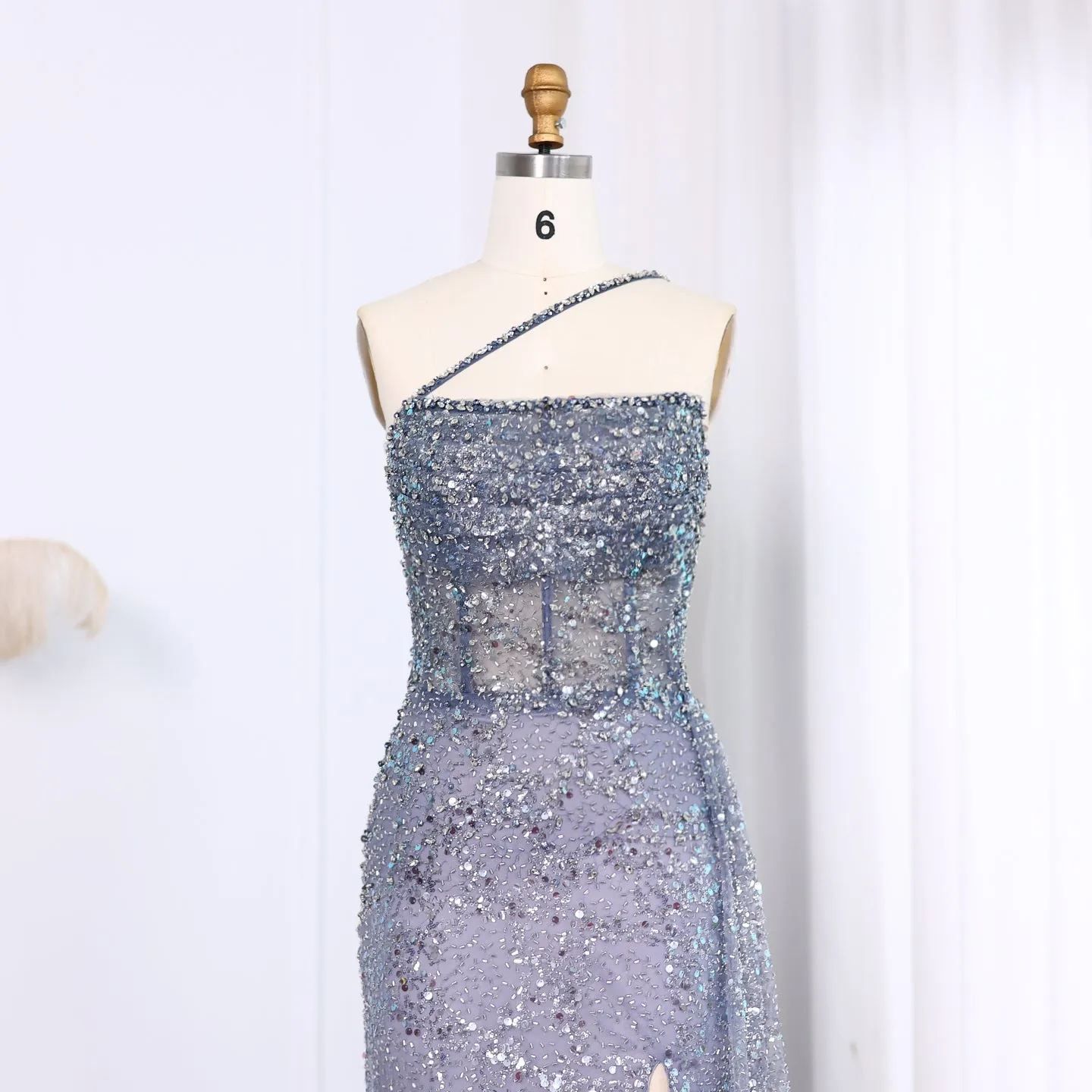 Luxury Blue One Shoulder Evening Dress with Overskirt SS140