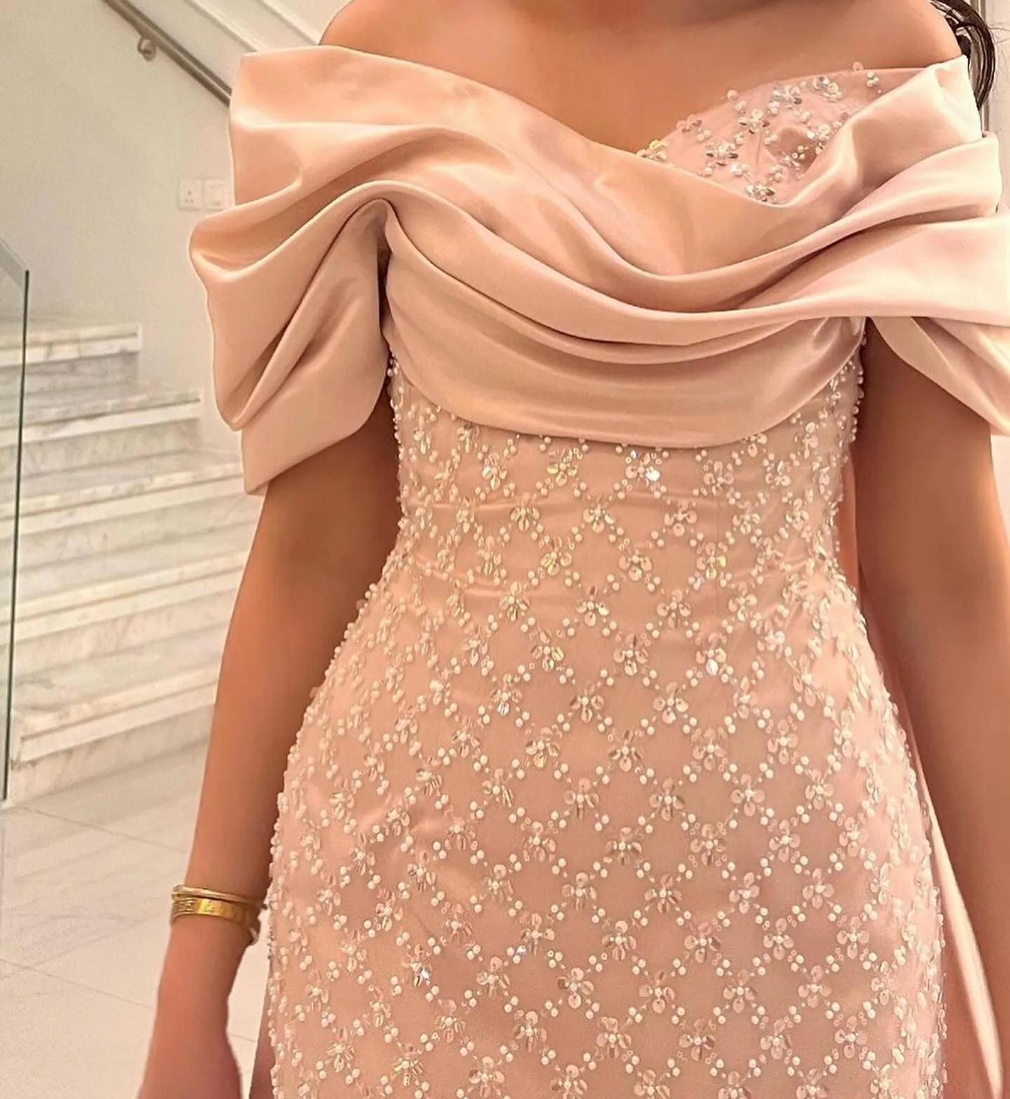 Luxury Off Shoulder Pink Evening Dress with Cape SS139