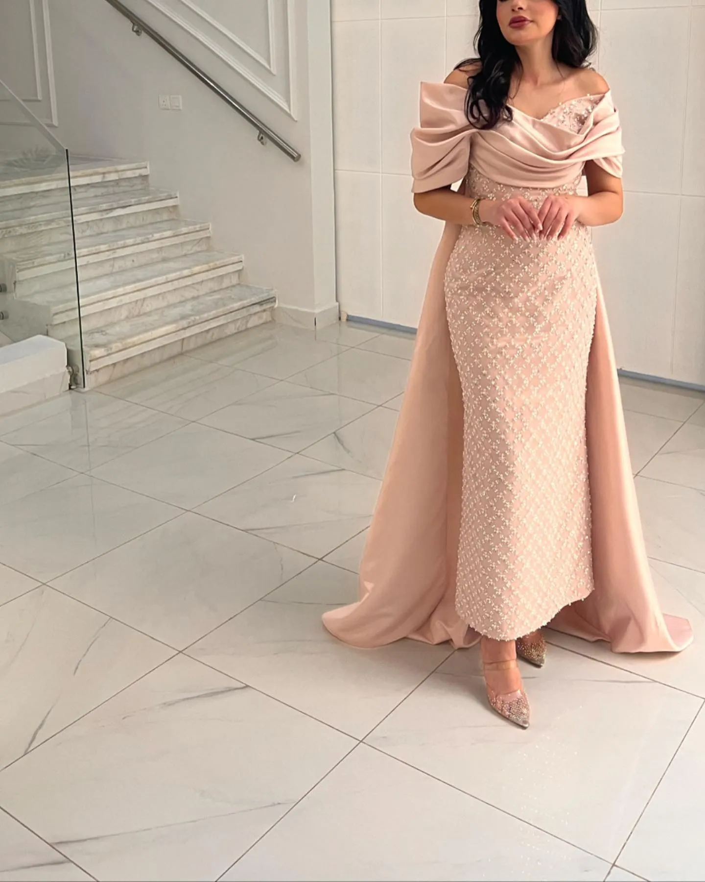 Luxury Off Shoulder Pink Evening Dress with Cape SS139