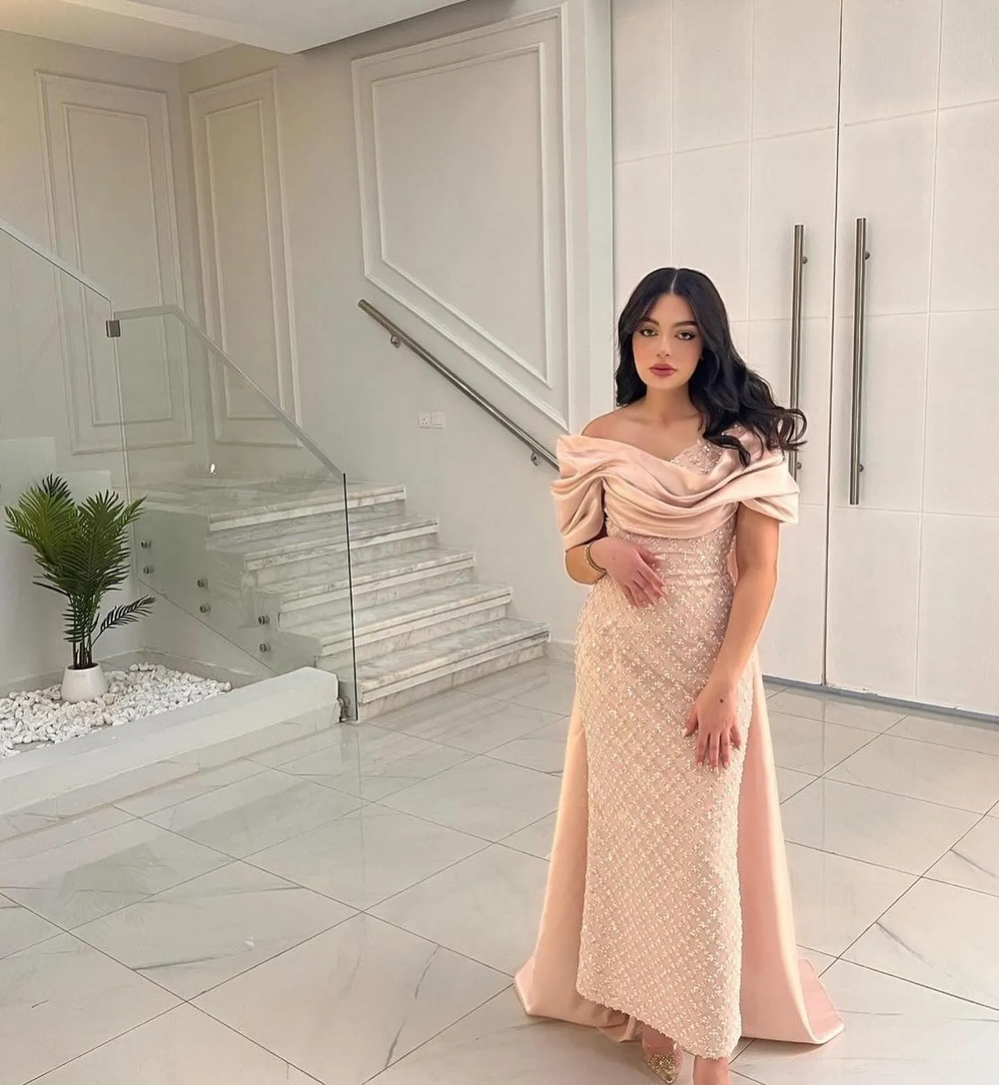 Luxury Off Shoulder Pink Evening Dress with Cape SS139