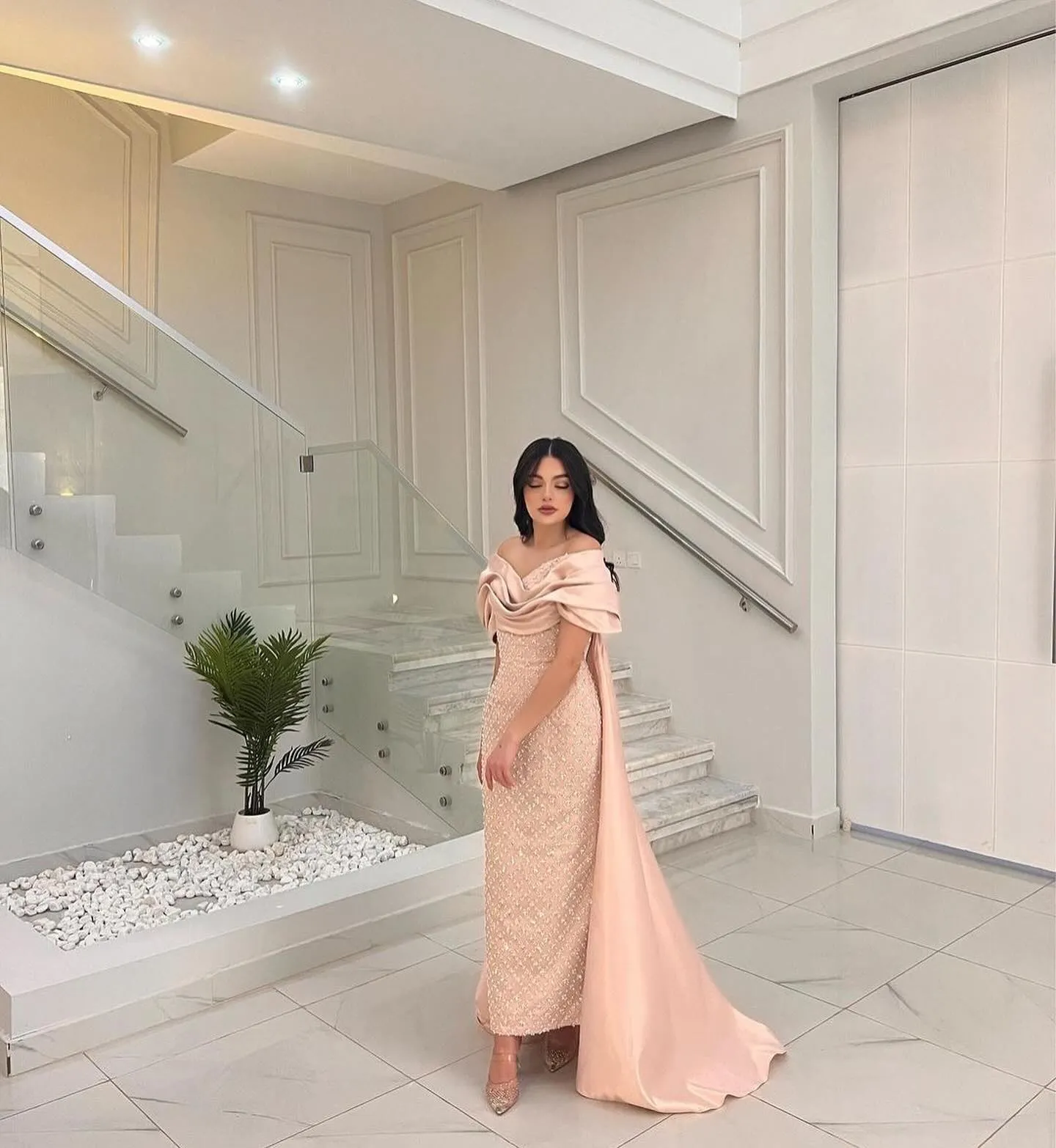 Luxury Off Shoulder Pink Evening Dress with Cape SS139
