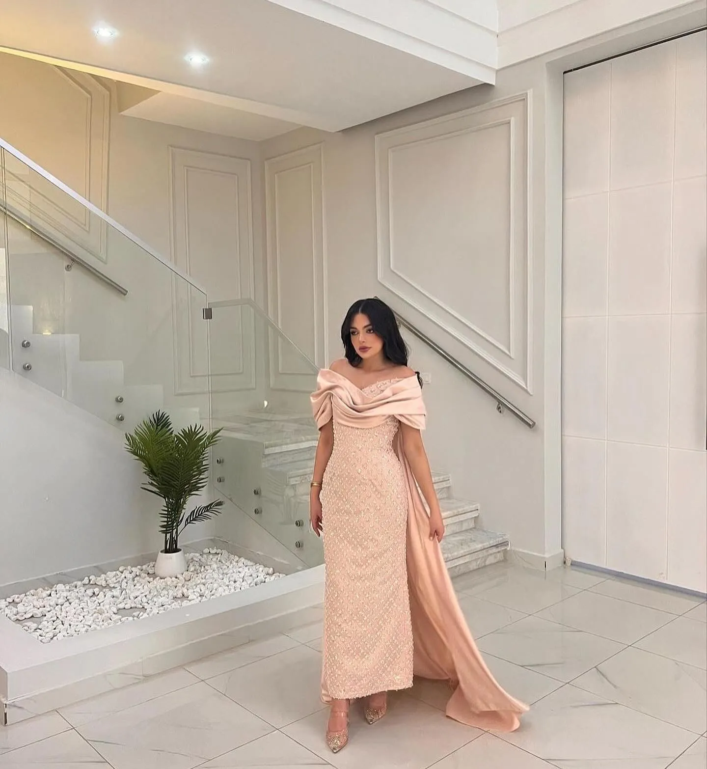 Luxury Off Shoulder Pink Evening Dress with Cape SS139