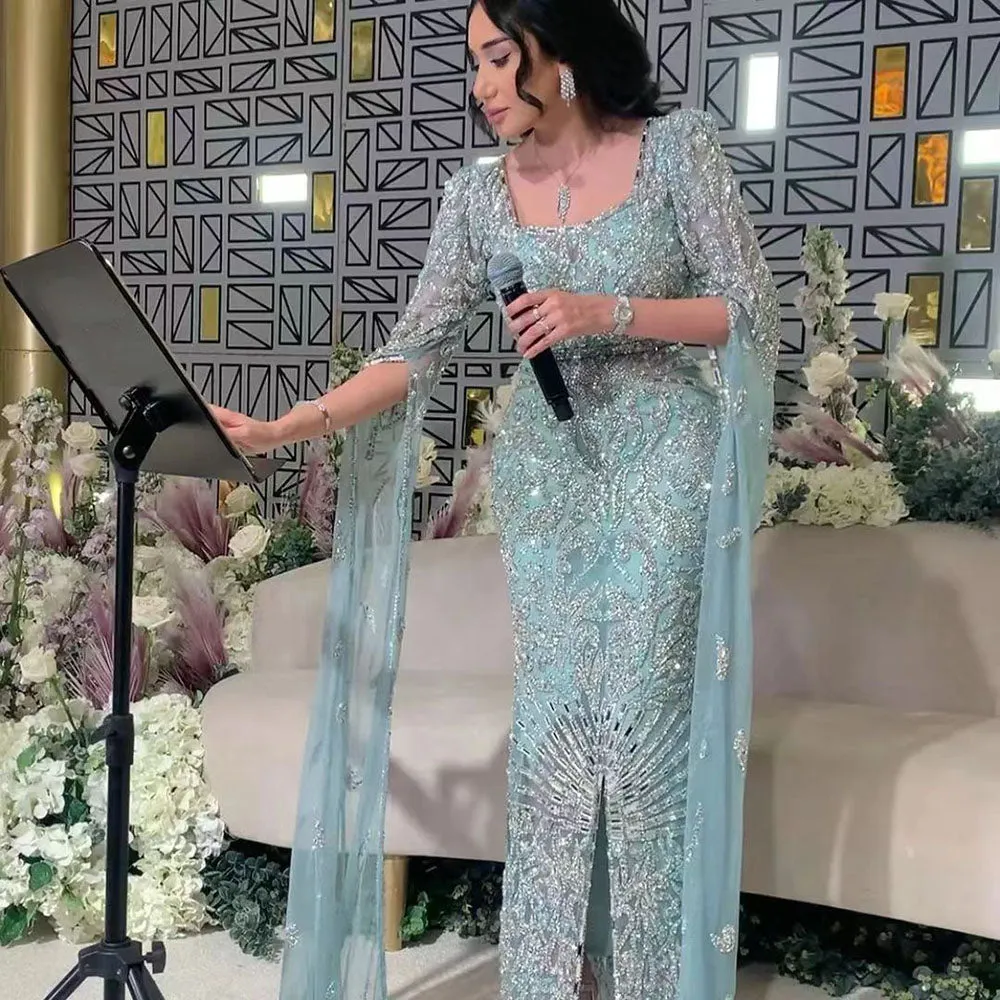 Luxury Turquoise Beaded Mermaid Evening Dress with Cape Sleeves SS469