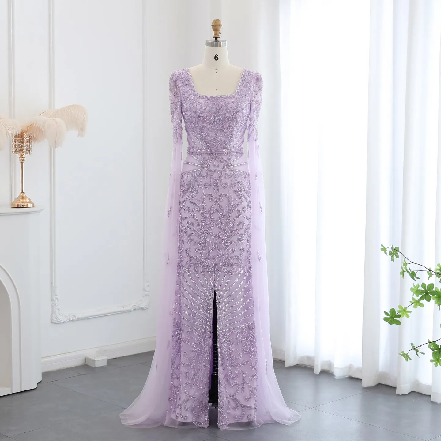 Luxury Turquoise Beaded Mermaid Evening Dress with Cape Sleeves SS469