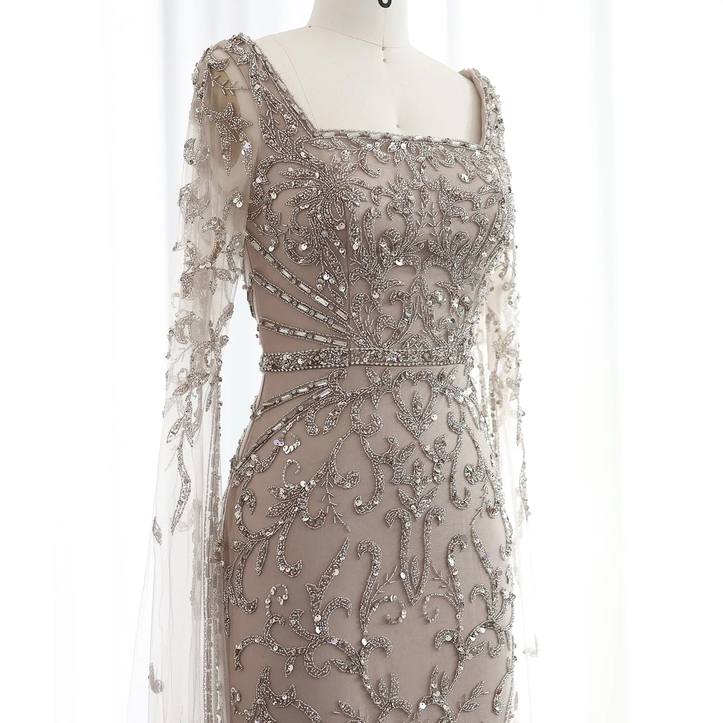 Luxury Turquoise Beaded Mermaid Evening Dress with Cape Sleeves SS469
