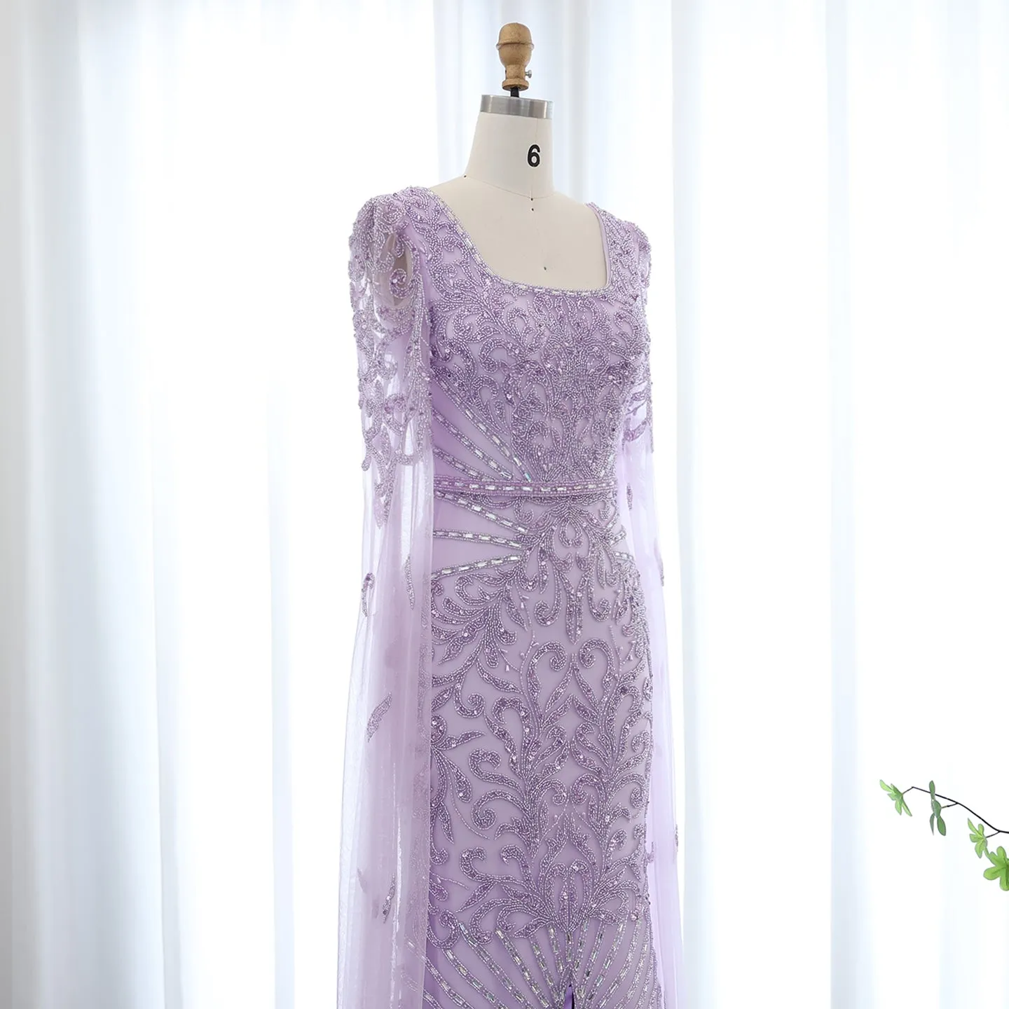Luxury Turquoise Beaded Mermaid Evening Dress with Cape Sleeves SS469
