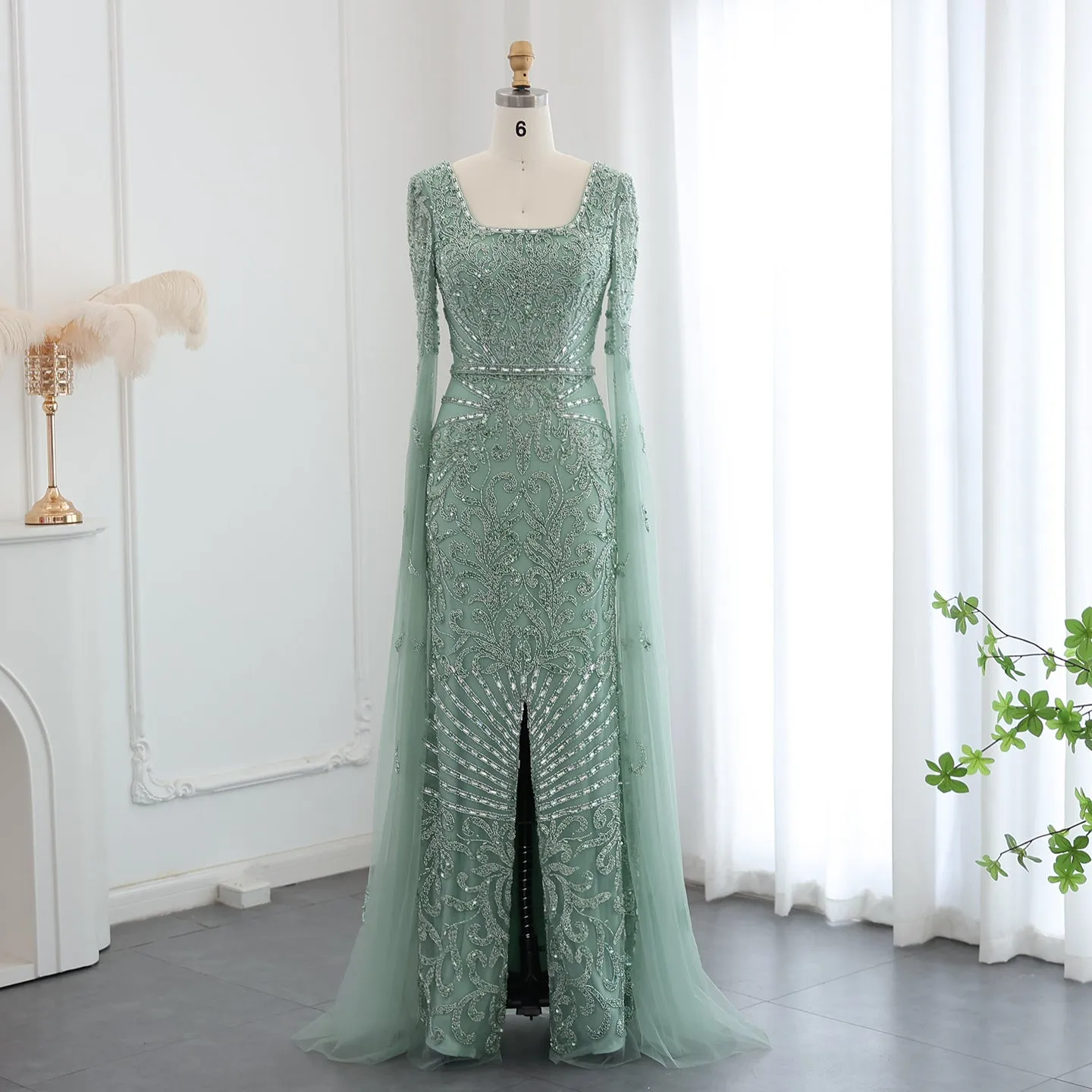 Luxury Turquoise Beaded Mermaid Evening Dress with Cape Sleeves SS469