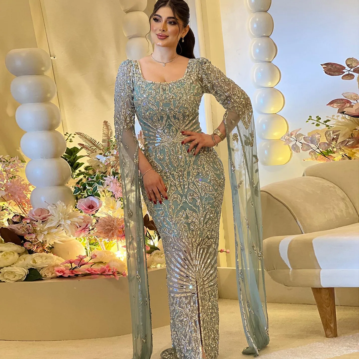 Luxury Turquoise Beaded Mermaid Evening Dress with Cape Sleeves SS469
