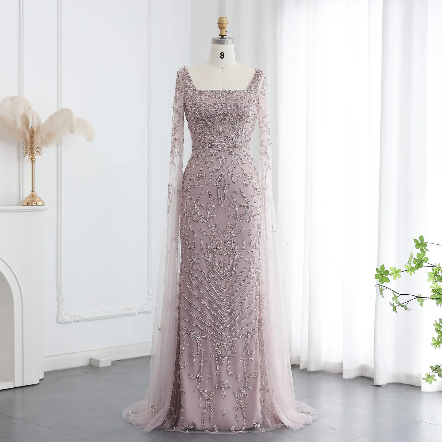 Luxury Turquoise Beaded Mermaid Evening Dress with Cape Sleeves SS469