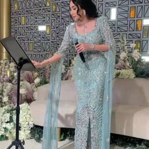Luxury Turquoise Beaded Mermaid Evening Dress with Cape Sleeves SS469
